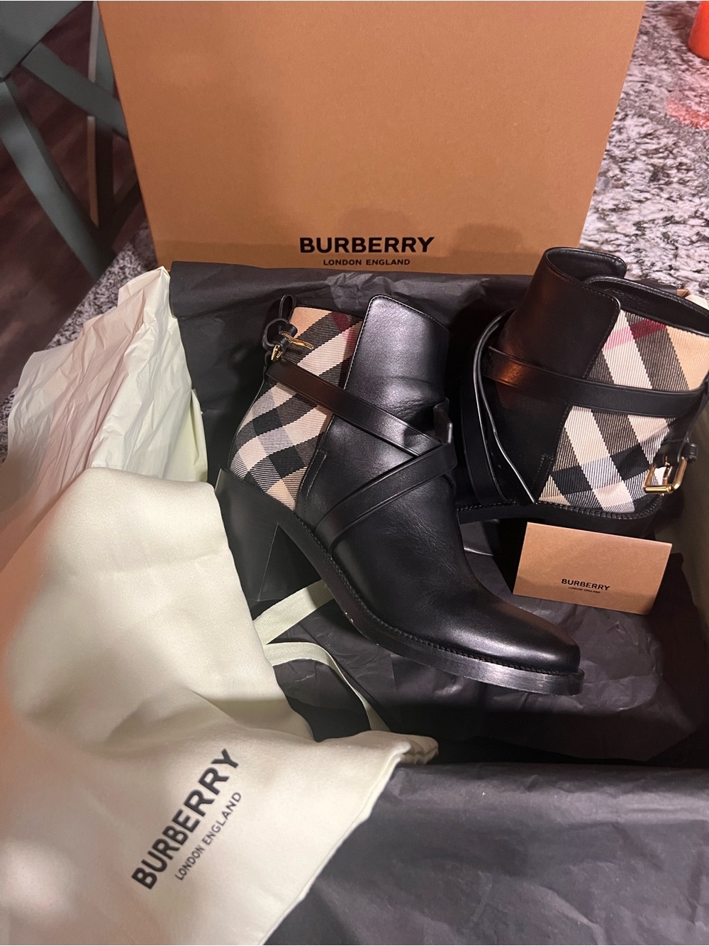 Burberry Black Leather Ankle Boots with Signature Check Panels